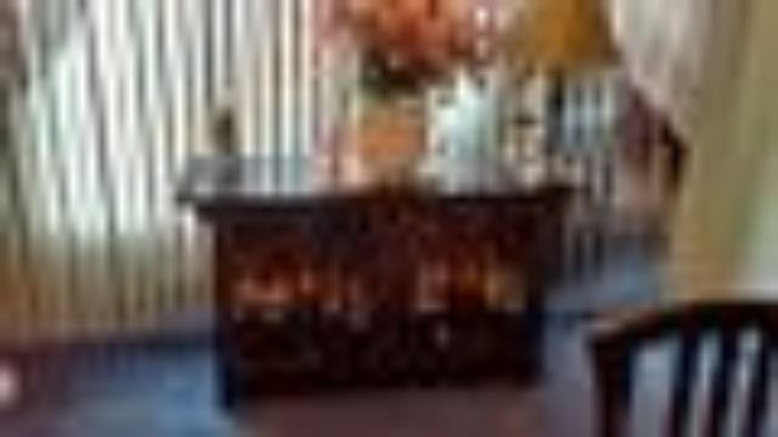 Oriental Credenza Black Lacquer, Raised-Hand Crafted Decor on outside & inside of double doors.(3ft 10in x 2ft 5in)