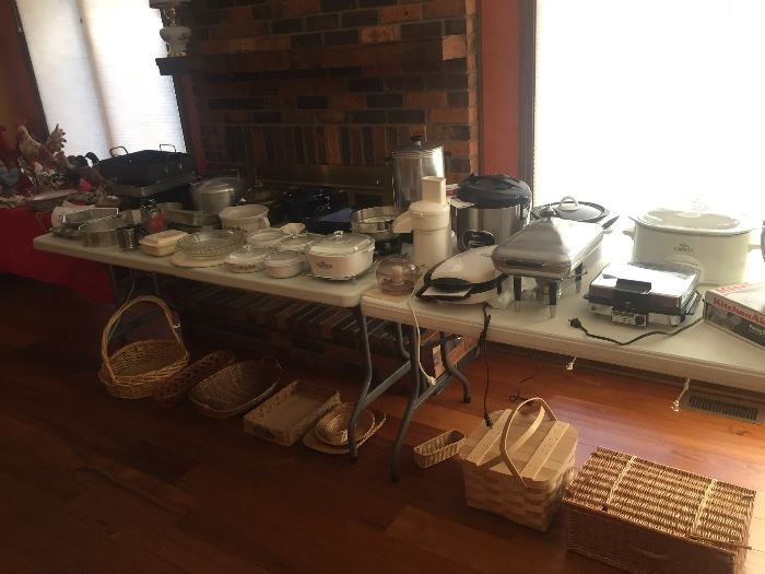 Cookware, includes Corning ware pieces, Bakeware, and a mid-century modern 4pc Chafing dish from the 60s-70s, wicker baskets, and more.