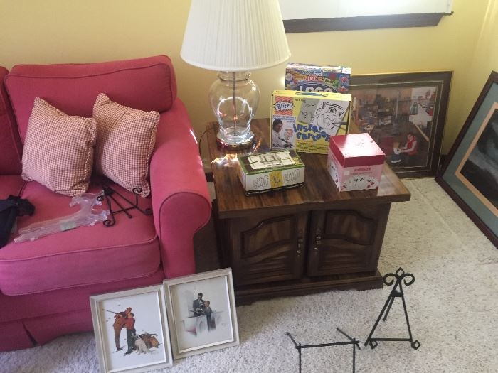End table(SOLD), lamp, picture/plate stands, old card shuffler, games(SOLD), framed pictures/art, and more.