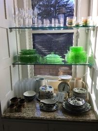 Depression glass and other antique and vintage glass.