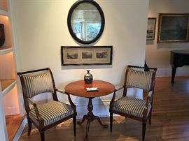Antique drop top table, and Baker side chairs.