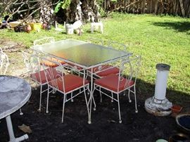 Wrought Iron Table, 6 Chairs, Base to a bird bath, PVC Table (needs a bath)