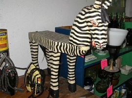 Zebra Stool, Irons, Floor Lamp with Milk Glass Shade