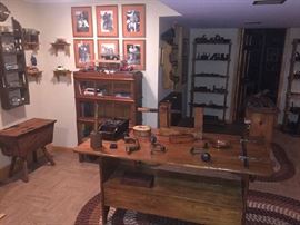 Antique and vintage woodworking tools, glass-fronted barrister bookcase