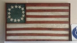 Rustic vintage wooden flag hanging, one of many assembled rustic hangings and displays