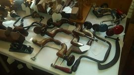 Nice antique tools, brass trimmed drill/braces, etc, etc....