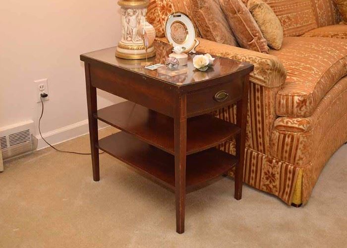 BUY IT NOW!  Lot #306, Vintage Mahogany Side Table with Drawer & 2 Shelves, $60