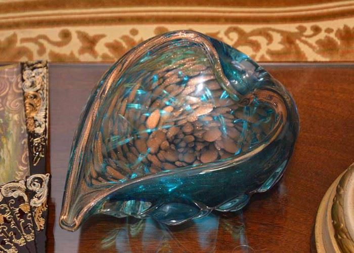 BUY IT NOW!  Lot #311, Vintage Art Glass Bowl (Teal & Gold), $40
