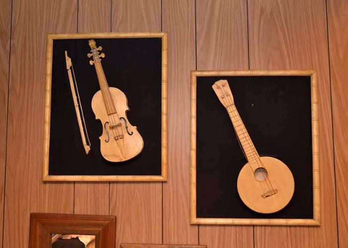 SOLD--Lot #342, Pair of 3-D Art / Wall Hangings of Instruments (Violin & Banjo), $40