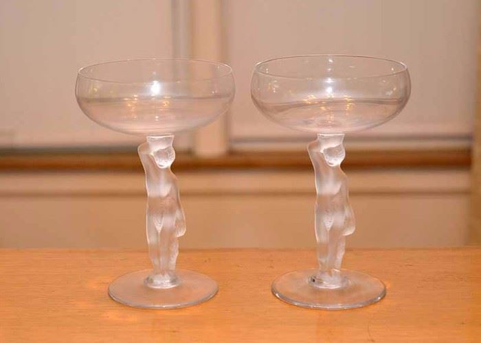 BUY IT NOW!  Lot #356, Pair of Frosted Glass Stemware / Toasting Glasses, $20