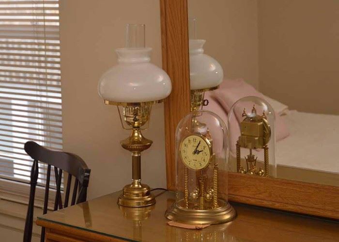 Brass Hurricane Table Lamp & Anniversary Clock with Dome
