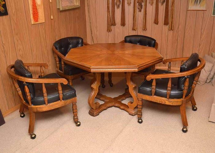 BUY IT NOW!  Lot #339, Vintage Oak Game Table with 4 Chairs (Cushions), $100