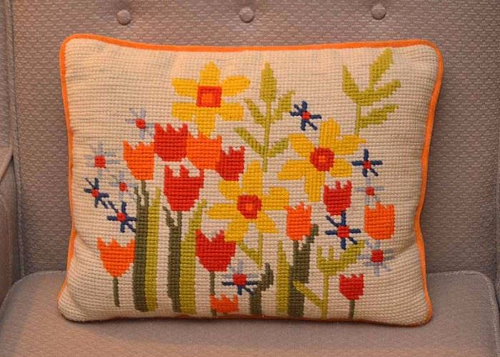 Cheerful Vintage Needlepoint Pillow