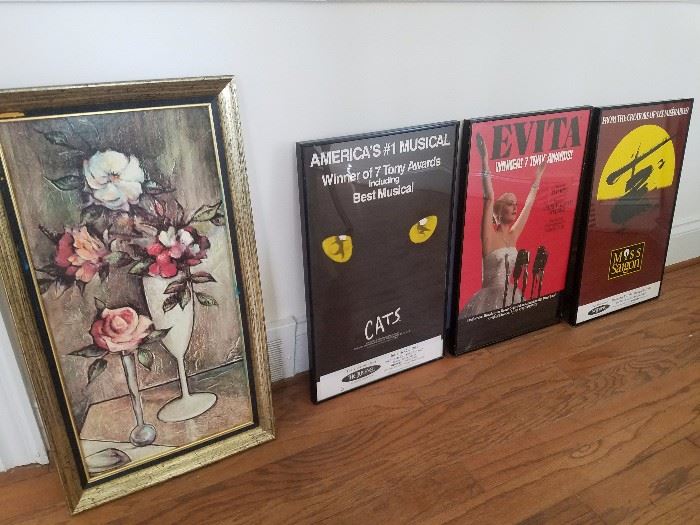 Various framed art and framed Broadway posters