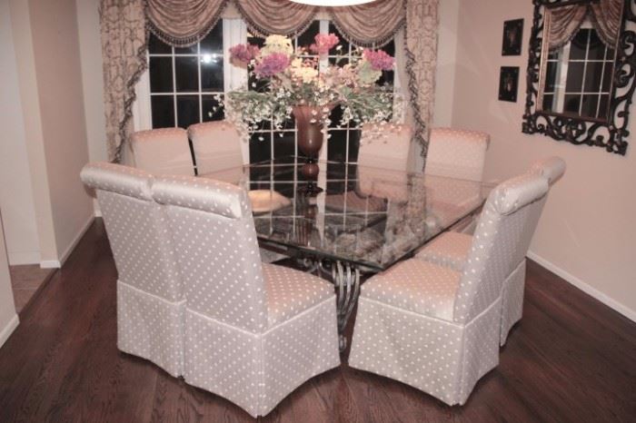Large Square Beveled Glass Table With Wrought Iron Base And 8 Chairs with Decorative