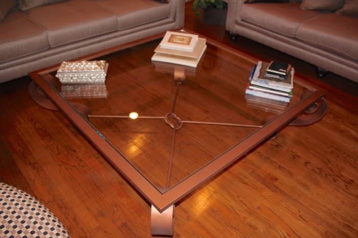 Square Glass, Wood and Metal Coffee Table