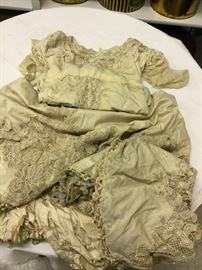 Dress #92.  Edwardian organza wedding dress has extensive sleeve rot, but beautiful lace and tatting work.  Not a dress for wearing -parts and pattern only