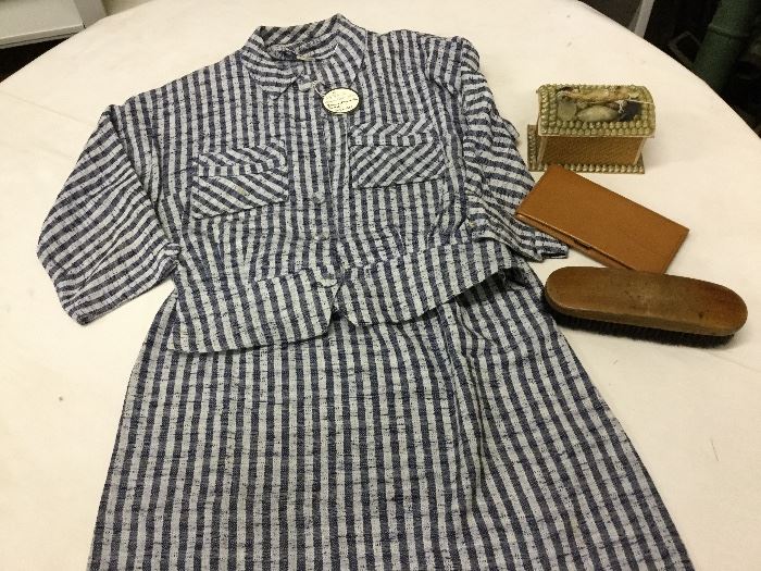 Dress #42.  1950s two piece blue & white gabardine suit, right from pocket staining.  bust 38", shoulder 36", waist 30".     Personal effects of beaded & shell box, tan leather wallet and clothes brush sold separately