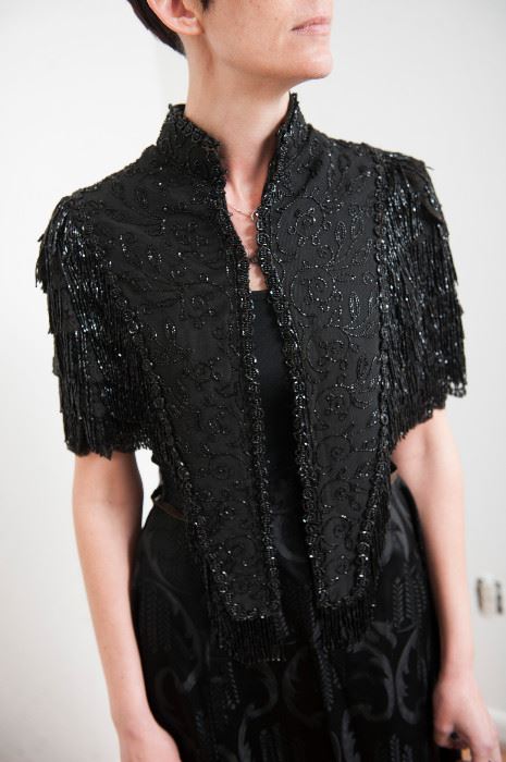 Dress #75.  Victorian black beaded capelet.  lining shredded and collar frayed  shoulder 34"