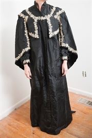 Dress # 31.  1890s black silk sateen coat/maternity dress???? with caped sleeves and lace trim  Excellent condition!  Shoulder 28", bust 30"