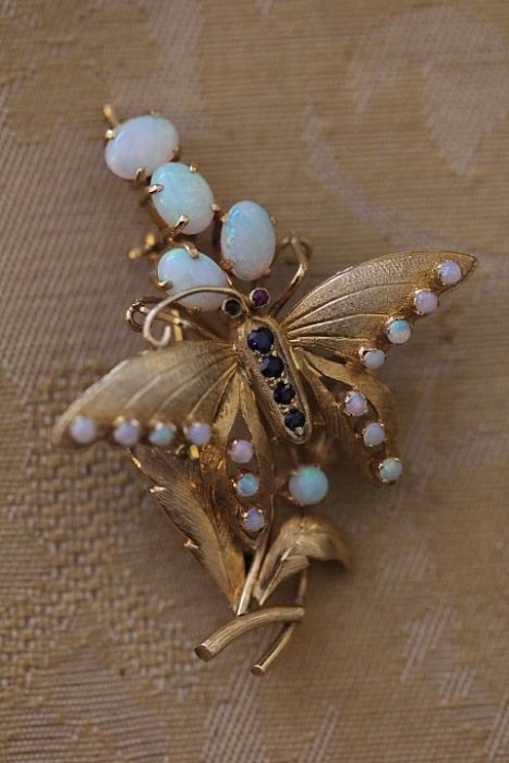 14k gold, opal & sapphire butterfly brooch