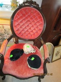 Antique, ornate Victorian , french legs, upholstered chair..... Vintage ladies hats.