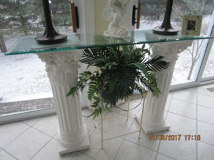 GREAT for Entry Hall,  Glass top with 2 ornate white columns....