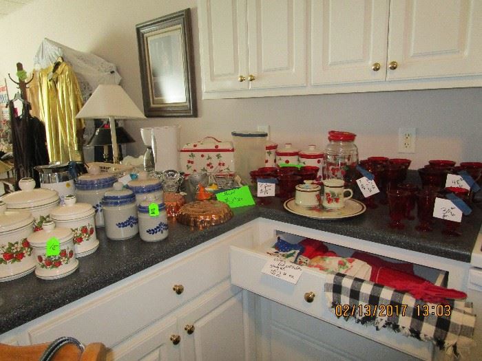 Kitchen Items, Glassware, RED Fostoria glassware, Canister Sets, Lamps, pots/pans...