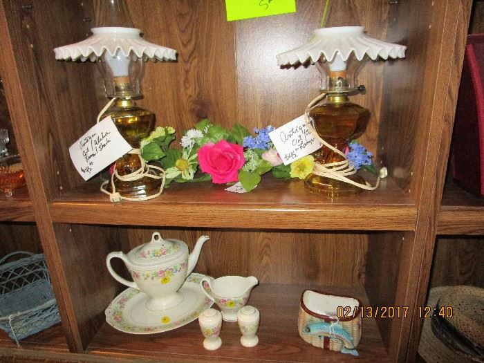 Matching Antique Oil Lamp/Electric with white glass shades...   Lefton Items, Gorham, Andrea's, Lenox, Georgian /Homer Laughlin, etc.