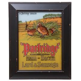 Reverse Paint on Glass "Partridge" Framed Advertisement: A reverse paint on glass “Partridge” framed advertisement. This is an advertisement from the 1020’s to 1930’s for “Partridge Ham & Bacon Lard and Sausage” by the "H. H. Meyer Packing Company in Cincinnati, Ohio. The ad pictures three partridges in a bush using reverse paint on glass. The H. H. Meyer Co.was in business between 1873 and the 1970’s.