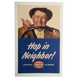 Original 1940s Amoco American Oil Company Poster with Norman Rockwell Illustration "Hop in Neighbor!": An original 1940s color lithograph advertisement poster for Amoco American Oil Company, titled Hop in Neighbor!, featuring a reproduced image after the original illustration by renowned American genre artist Norman Rockwell (1894 – 1978). Artist signature is printed in plate to the lower right of the image. Depicted is a friendly elderly man behind the steering wheel of a car, gesturing with his thumb for the viewer to hop on in. The poster was printed in the United States and is not framed, mounted on acid-free conservation canvas substrate.