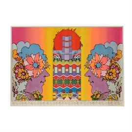 Large Vintage Peter Max Contemporary Arts Center Poster: An original very large vintage poster promoting an exhibition of the work of well-listed and renowned German-American Pop artist Peter Max (1937 -) at Cincinnati’s Contemporary Art Center, titled See For Yourself, circa 1970s. The poster uses both offset lithography and block relief printing to depict two faces covered in floral patterns facing a center structure filed with a variety of psychedelic colors and patterns. The name of the exhibition is printed across the poster’s lower edge. The poster is unsigned, and presented without matting or framing. Max received his formal art education in the 1950s at the Art Students League of New York in Manhattan, where he studied under the tutelage of Frank J. Reilly. Max began his career in illustration and graphic arts by creating collage-based works using elements taken from antique photographs. His interest in astronomy led to his self-described “Cosmic ’60s” period, where his art bec