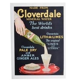 Original 1930s Color Lithographic Advertisement Poster for Cloverdale Mineral Water Beverages: An original 1930s color lithographic advertisement poster for Cloverdale Mineral Water beverages, including Lith-A-Lime, Pale Dry and Amber ginger ales. This poster is unframed, mounted on acid-free conservation canvas substrate.