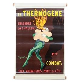 1949 Cappiello Poster "Le Thermogène": A 1949 color lithograph advertising poster featuring a reproduced illustration after famed Italian commercial illustrator Leonetto Cappiello (1875 – 1942), promoting Le Thermogène.The product advertised, Le Thermogène, said to help fight coughs, colds, rheumatism and joint pain, was composed of soft cotton wadding treated with capsicum, a blistering agent that is responsible for the product’s activity when applied to any part of the body where heat would be beneficial. This image depicts a clown holding the pillowy product against his lungs, happily breathing out fire as the heating agents work. Signed in plate by the artist by the lower left foot. This poster is weighted at top and bottom with flat wooden rods for weighting.