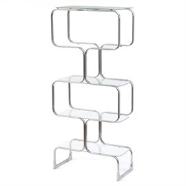 Tricom Italian Modern Chromed Steel and Glass Shelving Unit: A Mid Century Modern Tricom chromed tubular steel shelf etagere with four glass shelves, made in Italy. The glass panels are removable and frame breaks down into 3 pieces for moving. Unmarked.