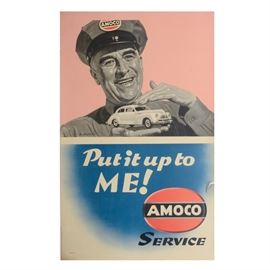 Original 1940s Amoco Service Poster "Put it up to ME!": An original vintage 1940s color lithographic and offset advertisement poster promoting Amoco Auto Service with the headline Put it up to ME!, depicting a reproduction illustration of an enthusiastic police officer smilingly holding a small model car in his hands. Artist signature G. Brehm is printed in plate to the lower left shoulder. Below the illustration is the Amoco logo. The poster was printed in the United States and is not framed.