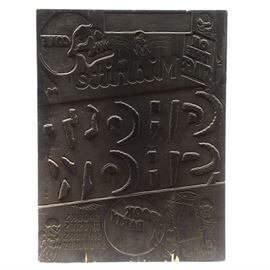 Large "Ghost Show" Vintage Wooden Printing Block: An awesome vintage wooden printing block template for posters advertising “Midnite Ghost Show / Spooky Party” with the words “Spooks Ghosts Shivers Shudders” and a small ghost, goblin, and skeletons to the bottom corners. Template is mounted to the wooden board. The piece has residual black ink from use.