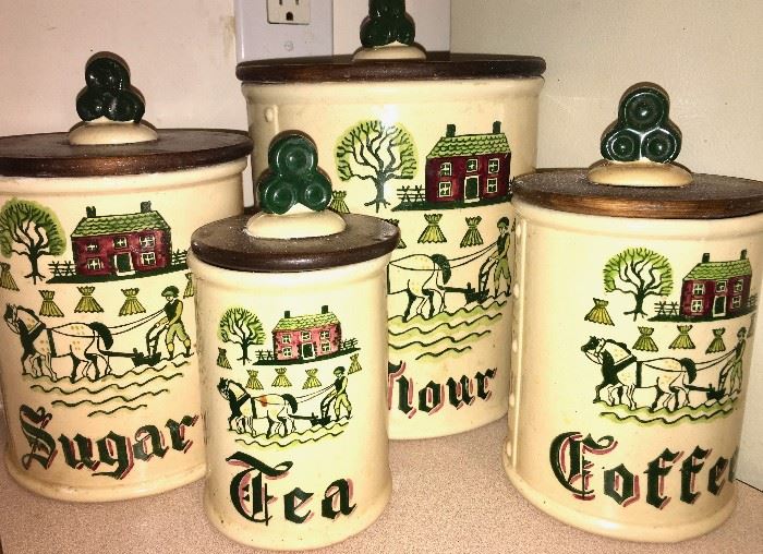 Metlox Poppytrail homestead motif canister set, rare to find all four together and intact