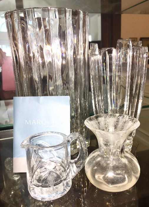 Waterford vases, crystal pitcher