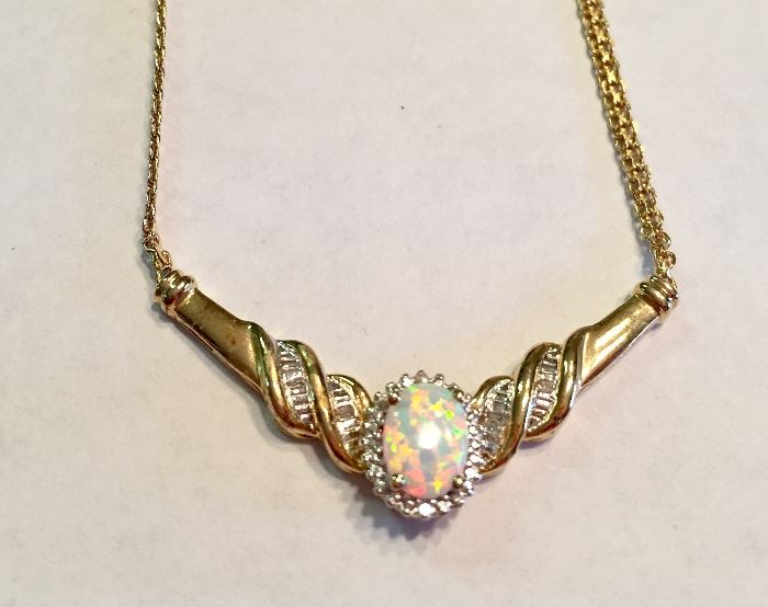 Simulated opal, diamonds and 14K gold over silver necklace