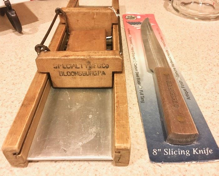 Antique vegetable slicer and Old Hickory 8" slicing knife in unopened package