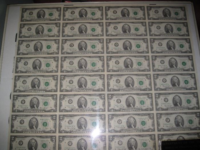 32 x $2 Bills, Sheet from United States Treasury 