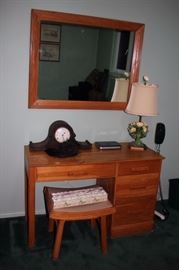 Desk, Stool and Matching Mirror with Lamp, Clock and Decorative