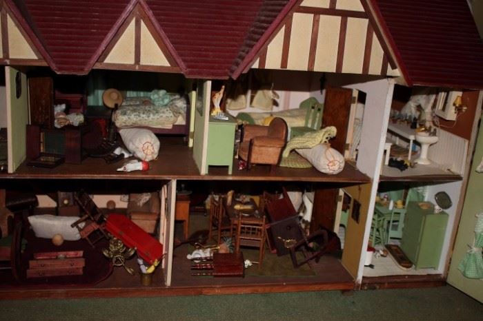 1930's Doll House With Enormous Amount Of Furniture From That Era