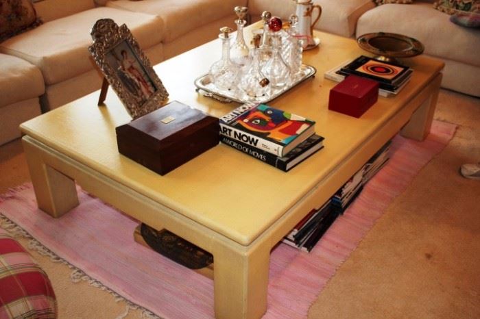 Coffee Table, Assorted Decanters/Sterling Tops, Frame and Bric-A-Brac