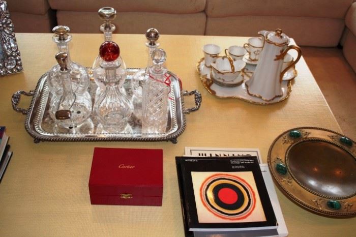Assorted Decanters/Sterling Tops, Decorative Serving Pieces, Collection Sotheby's Modern Art Catalogues 80s to present and Bronze Compote with Malachite Stones