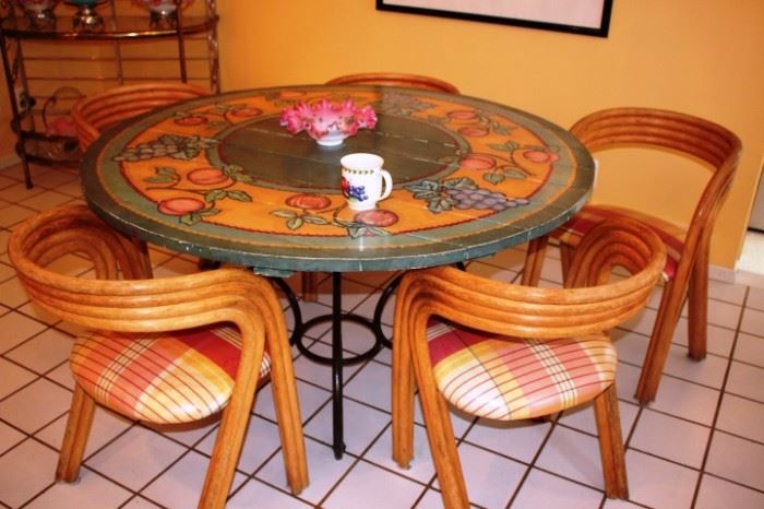 Hand Painted Round 52 Inch Kitchen Table And Five Rattan Chairs.