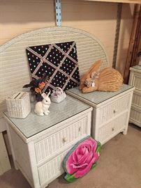 Full white wicker headboard and matching nightstands