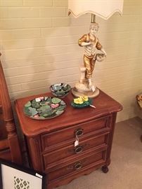 One of two 3-drawer nightstands; lamp has a female companion lamp