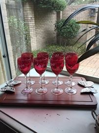 Wooden tray with butterfly handles; colorful glassware